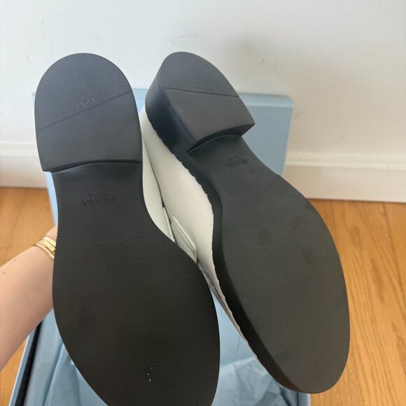 NWT Prada Loafers Spazzolato White Leather 40.5 Enameled Triangle Logo - Picture 10 of 10